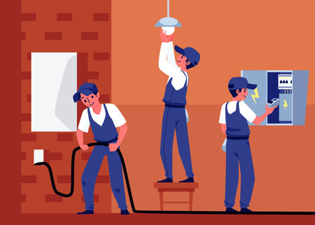 Professional electricians workers performs electric works a vector illustration.のイラスト素材