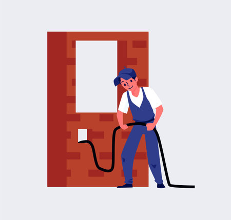 Professional man electrician worker performs installation wiring for electric.のイラスト素材