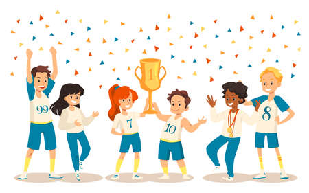 Children team of champions with trophy cup, flat vector illustration isolated.のイラスト素材