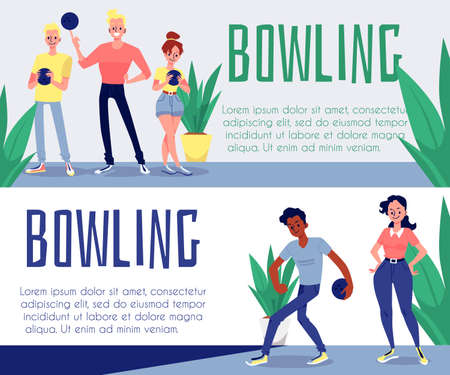 Bowling banners or flyers set with people gamers, flat vector illustration.のイラスト素材
