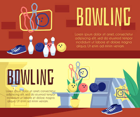 Bowling club advertising banners or flyers set, flat vector illustration.のイラスト素材