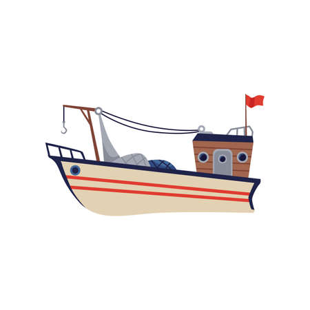 Fishing trawler or boat with net hoist, flat vector illustration isolated.のイラスト素材