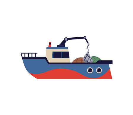 Fishing trawler boat or ship with winch flat vector illustration isolatedのイラスト素材