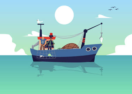 Seascape with fishermen trawling fish with net, flat vector illustration.のイラスト素材