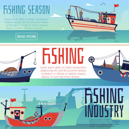 Fishing industry or club advertising banners set, flat vector illustration.のイラスト素材