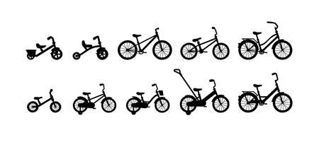Set of silhouettes different kids bicycle, transport for ride, travel or sportのイラスト素材