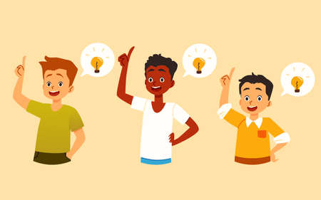 Group of happy thinking kids boys with light of ideas a vector illustration.のイラスト素材
