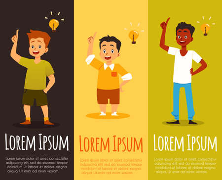 Vertical banners set with clever boys having an idea, flat vector illustration.のイラスト素材