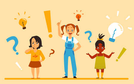 Thinking girls having questions and smart solutions, flat vector illustration.のイラスト素材