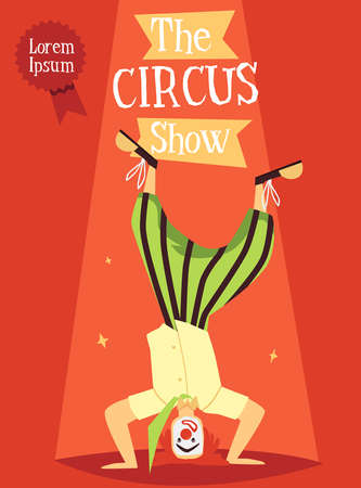 Circus entertainment and acrobatic clowns show poster, flat vector illustration.のイラスト素材