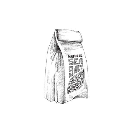 Sea salt paper bag, hand drawn engraving vector illustration isolated on white.のイラスト素材
