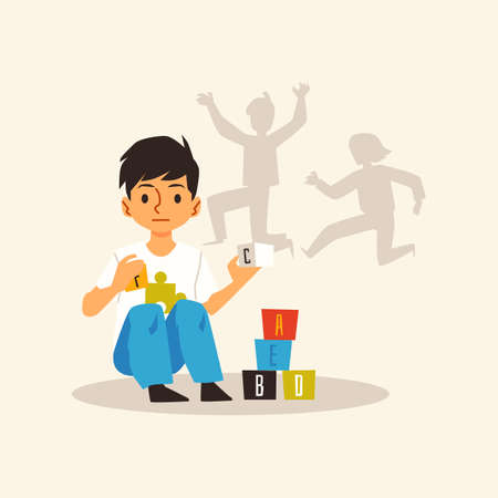 Alone kid boy with autism syndrome playing with toy cubes a vector illustration.のイラスト素材