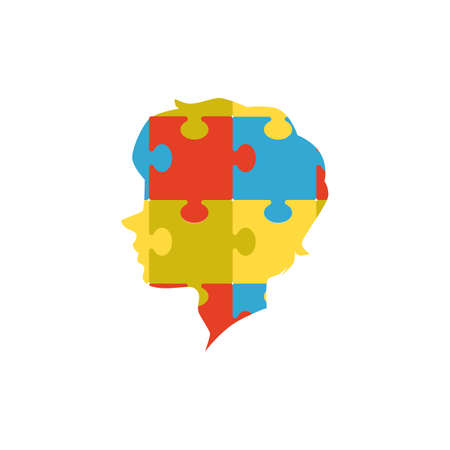 Autism emblem - kids head with puzzle pieces flat vector illustration isolated.のイラスト素材