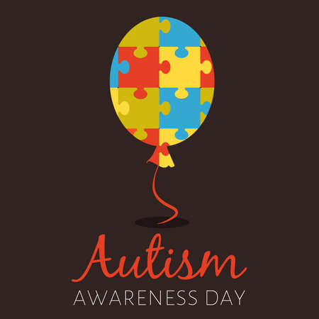 Autism day poster with puzzle pieces forming balloon, flat vector illustration.のイラスト素材
