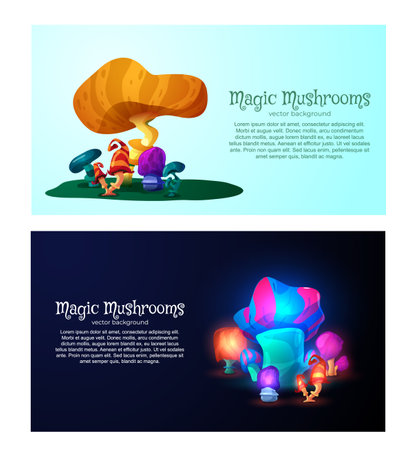 Fantasy mushrooms forest night and day backgrounds, flat vector illustration.のイラスト素材