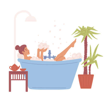 Woman enjoying bath and leisure time at home, flat vector illustration isolated.のイラスト素材