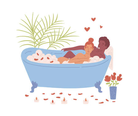 Happy man and woman in love relax together in bath with soap foam.のイラスト素材