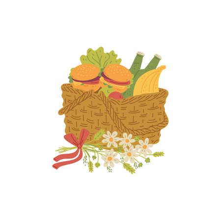 Wicker picnic basket with fresh food for lunch outdoor decorated flowers.のイラスト素材
