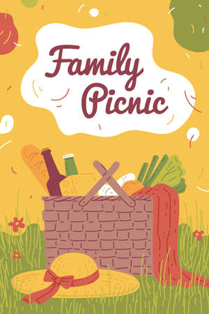 Vector beautiful poster with wicker basket full fresh food for family picnic.のイラスト素材