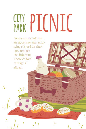 City park picnic party invitation banner or poster, flat vector illustration.のイラスト素材