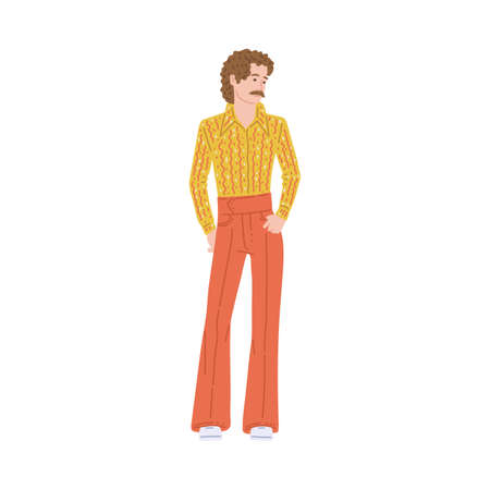 Young fashion man in trendy 70s clothes, flat vector illustration isolated.のイラスト素材