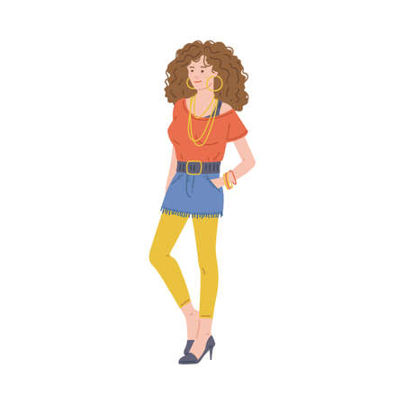 Young woman character in trendy 80s clothes, flat vector illustration isolated.のイラスト素材