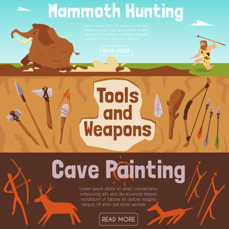Set of flat vector banners on theme of life prehistoric cave people in stone ageのイラスト素材