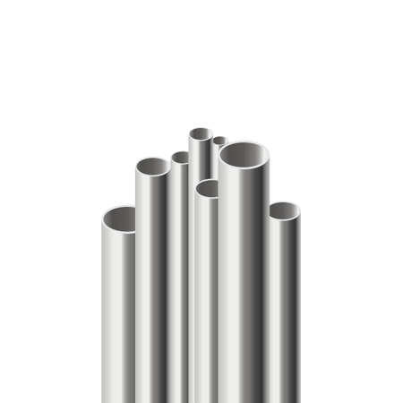 Background with steel pipes of different diameter. Metal chrome cylinders for construction industrial water or gas pipelines. Realistic 3d vector illustration isolated on white.のイラスト素材