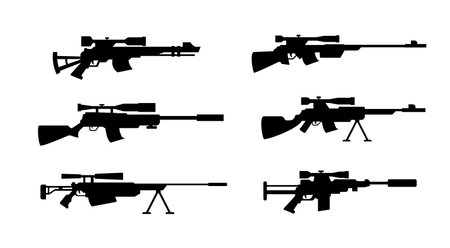 Black silhouette shape icons of sniper weapon collection, flat vector illustration isolated on white background. Sharpshooter or sniper rifle cartoon symbols.のイラスト素材