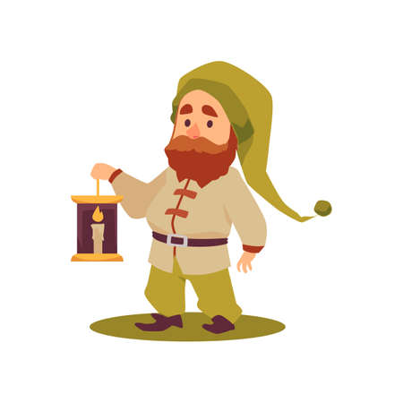 Fairy tale cute cartoon bearded gnome holding lantern with burning candle.のイラスト素材