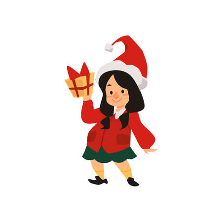 Cute cartoon Christmas gnome girl in red cap with gift in her hand. Character elf girl in skirt vector illustrationのイラスト素材