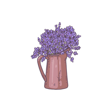 Metal or ceramic jug with blooming lavender bouquet in vintage styleのイラスト素材