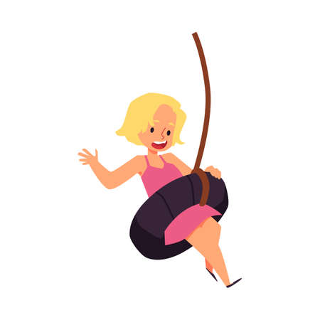Child girl swinging on swing made of tire, flat vector illustration isolated.のイラスト素材