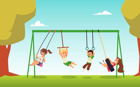 Summer park with children rocking on swings, flat vector illustration.のイラスト素材