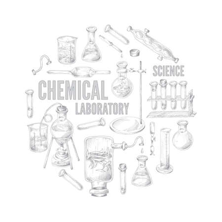 Round emblem with equipment for science experiments in chemical laboratory.のイラスト素材