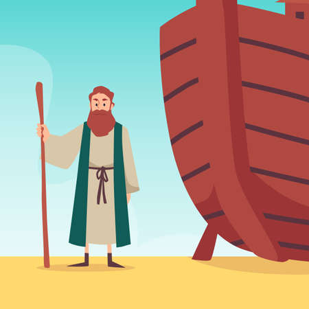Bible banner with Noah standing near his ark, flat vector illustration.のイラスト素材