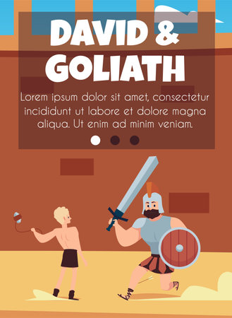 David and Goliath card template on topic of Bible, flat vector illustration.のイラスト素材