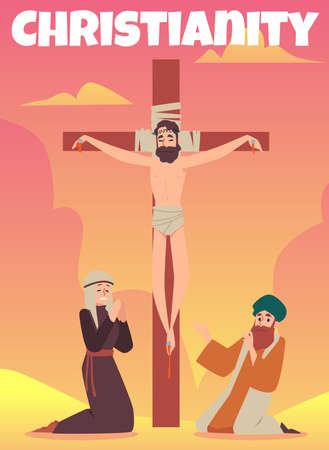 Crucifixion of jesus christ on cross at sunset on calvary for poster templateのイラスト素材