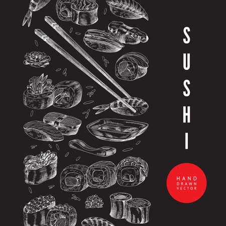 Sushi restaurant menu hand drawn on chalkboard, engraving vector illustration.の写真素材