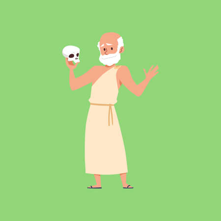 Ancient Greek philosopher holding human skull, flat vector illustration isolated.のイラスト素材
