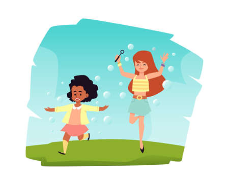 Cheerful child girl blowing soap bubbles, flat vector illustration isolated.のイラスト素材