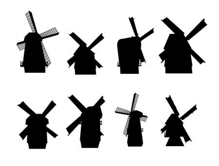 Set of black silhouettes of dutch windmills in realistic vector illustrationのイラスト素材