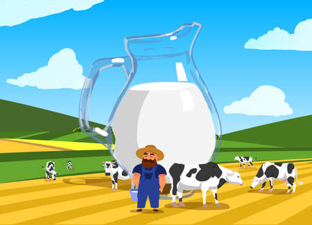 Dairy farm concept with glass jug of milk on pasture background with cows, farmerのイラスト素材