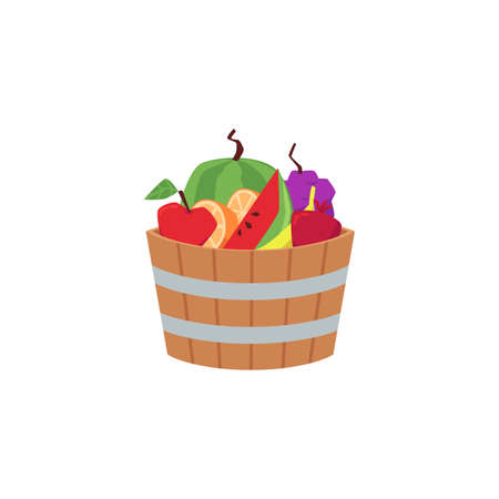 Wooden vintage barrel or bucket with fresh fruits, flat vector illustration.のイラスト素材
