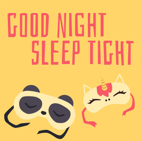 Good night and rest wish card with sleeping masks, flat vector illustration.のイラスト素材