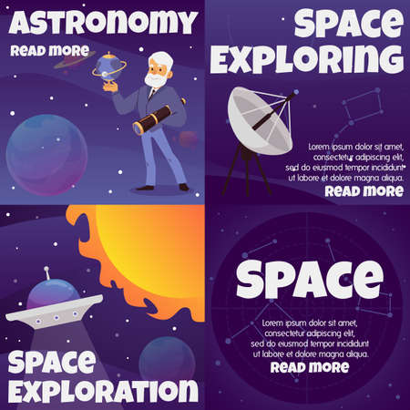 Outer space exploring banners set with astronomer, flat vector illustration.のイラスト素材