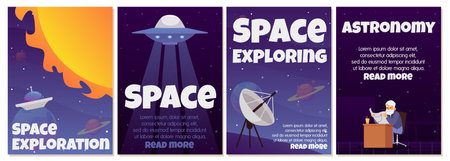 Set of vector science posters with exploration of space, stars and planets.のイラスト素材