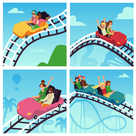 Set of posters with happy people ride on high rollercoaster at amusement park.のイラスト素材