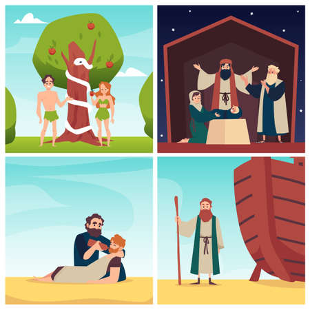 Expulsion from paradise, birth of jesus, noahs ark, parable of good samaritan.のイラスト素材