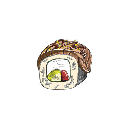 Unagi sushi roll with eel in color sketch style vector illustration isolatedのイラスト素材